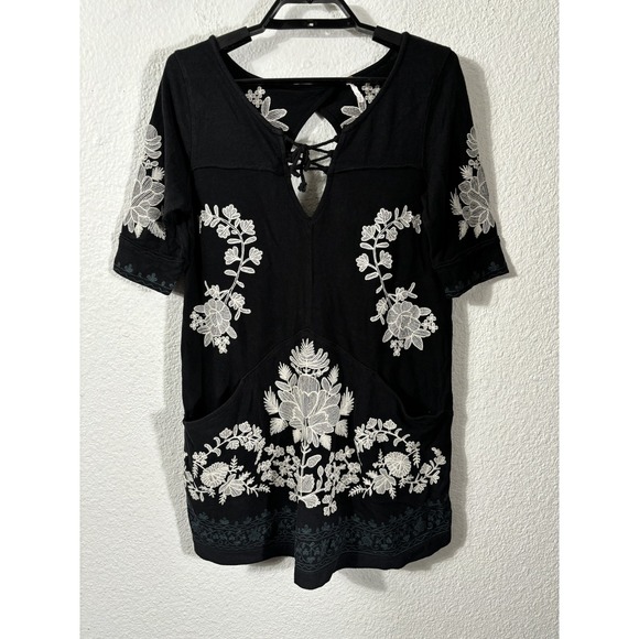 Free People Tops - Free People Tunic Top Womens XS Embroidered Boho Lace Up Short Sleeve Blouse